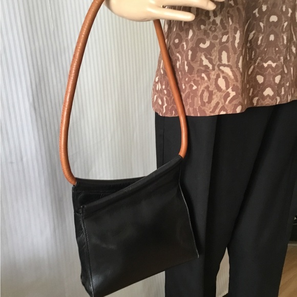 Black Leather  Bag with Tan Wood Handle - Picture 2 of 4